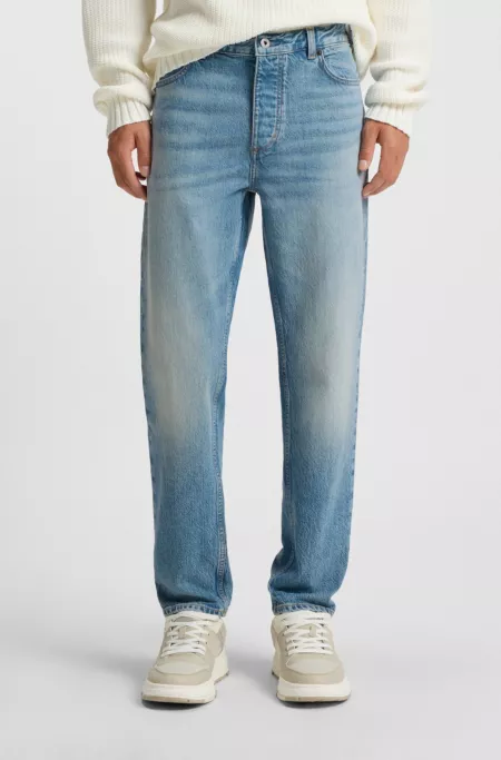 Green-cast tapered-fit jeans in stretch denim
