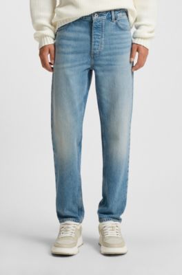 Jeans tapered fit en denim el&aacute;stico de tono verdoso, Azul