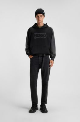 Jean Tapered en denim noir effet grain&eacute;, Noir