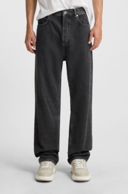 Jean Baggy en denim noir avec logo d&eacute;lav&eacute;, Noir