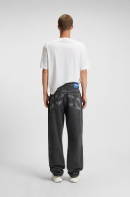 Jean Baggy en denim noir avec logo d&eacute;lav&eacute;, Noir