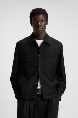 Chaqueta slim fit en sarga de mezcla de lana, Negro