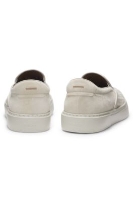 Baskets Gary &agrave; enfiler en cuir su&eacute;d&eacute; tiss&eacute; et uni, Blanc