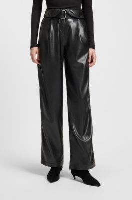 Pantalones de pernera recta en piel sint&eacute;tica con cintur&oacute;n, Negro