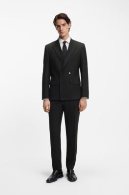 Pantalones slim fit en mezcla de lana el&aacute;stica t&eacute;cnica, Negro