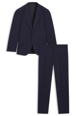 Three-piece slim-fit suit in wool-blend poplin, Dark Blue