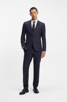 Three-piece slim-fit suit in wool-blend poplin, Dark Blue