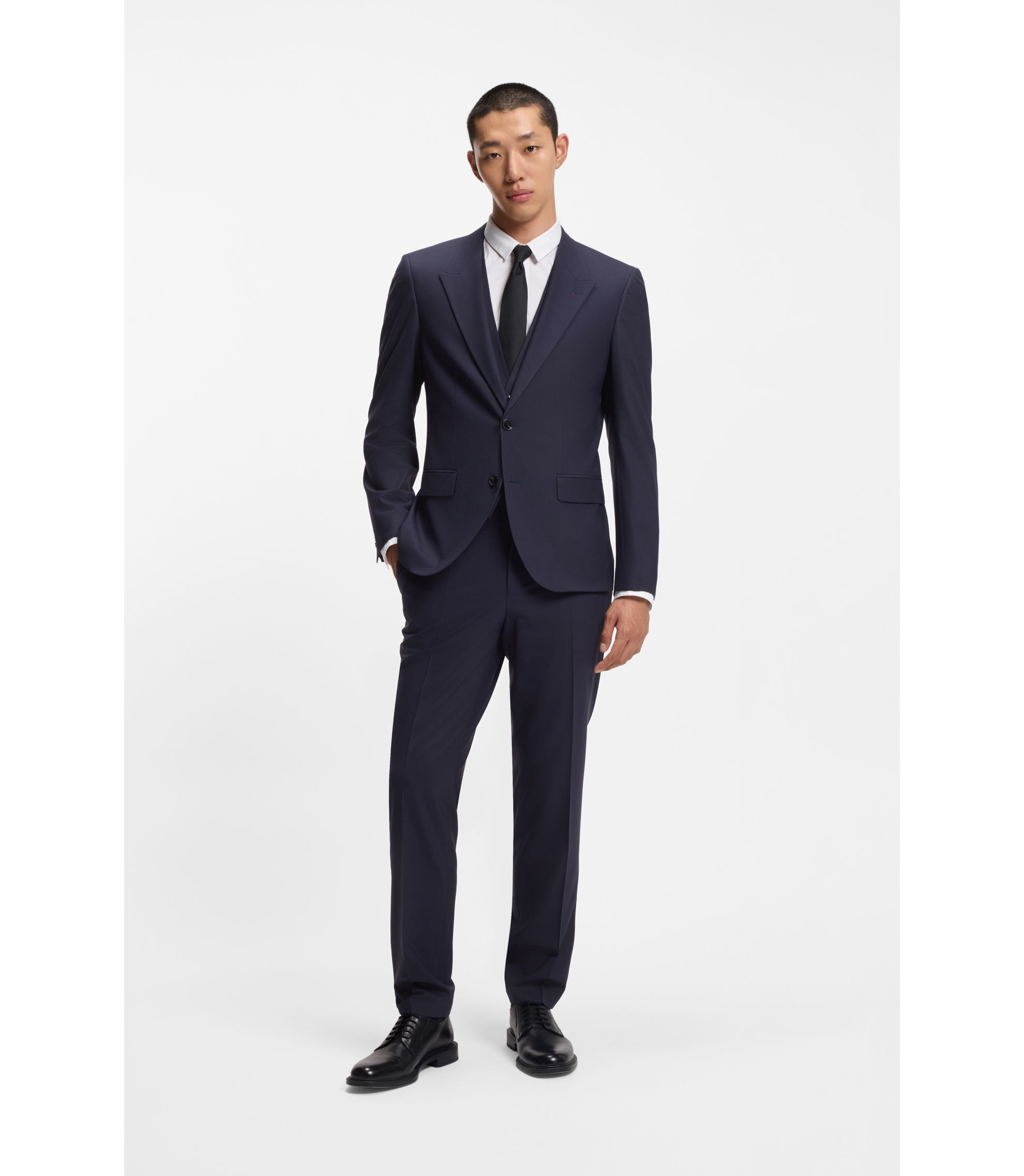 HUGO - Three-piece slim-fit suit in wool-blend poplin - Dark Blue