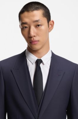 Three-piece slim-fit suit in wool-blend poplin, Dark Blue