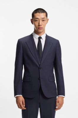 Traje slim fit con chaleco en popelina de mezcla de lana, Azul oscuro