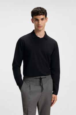 Stretch-cotton relaxed-fit polo shirt with Johnny collar, Black