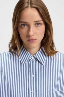 Vertical-stripe blouse in a cotton blend, Light Blue