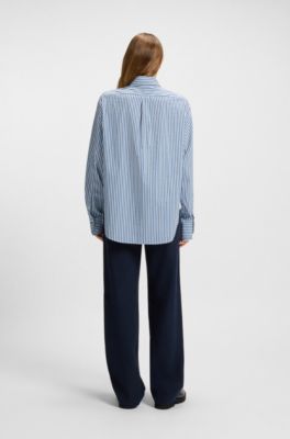 Vertical-stripe blouse in a cotton blend, Light Blue