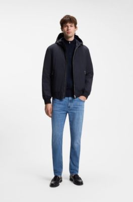 Water-repellent hooded bomber jacket with down insulation, Dark Blue