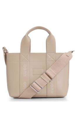 Embroidered-logo tote bag in faux leather, Light Brown