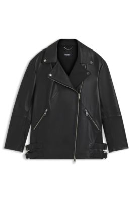 Chaqueta biker larga en piel de napa, Negro