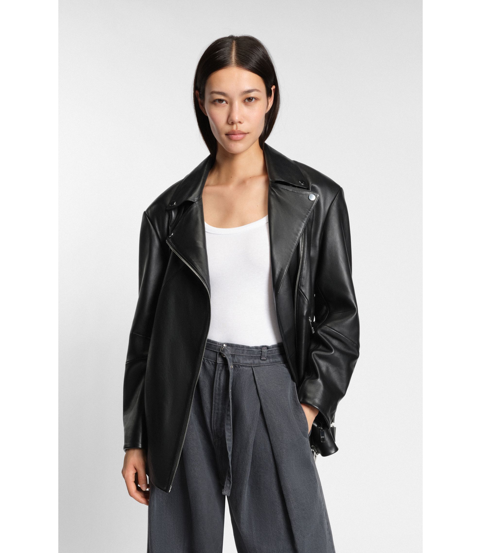 BOSS - Long biker jacket in nappa leather - Black