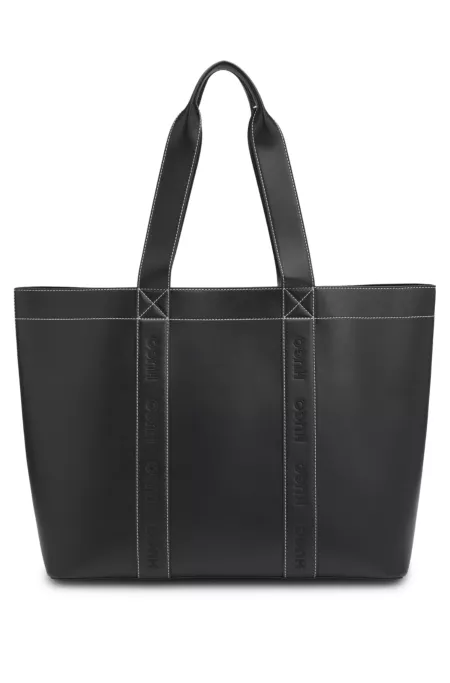 Embroidered-logo tote bag in faux leather