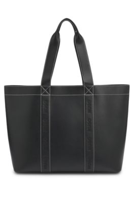Bolso tote de piel sint&eacute;tica con logos bordados, Negro