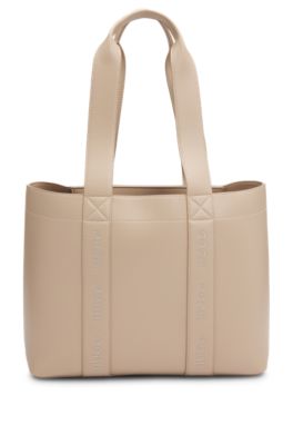 Embroidered-logo tote bag in faux leather, Light Brown