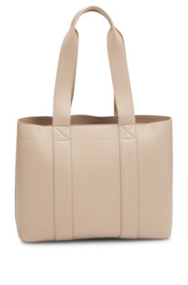 Embroidered-logo tote bag in faux leather, Light Brown