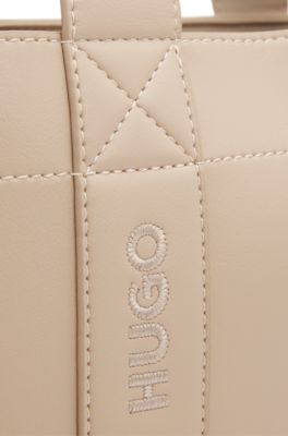 Embroidered-logo tote bag in faux leather, Light Brown