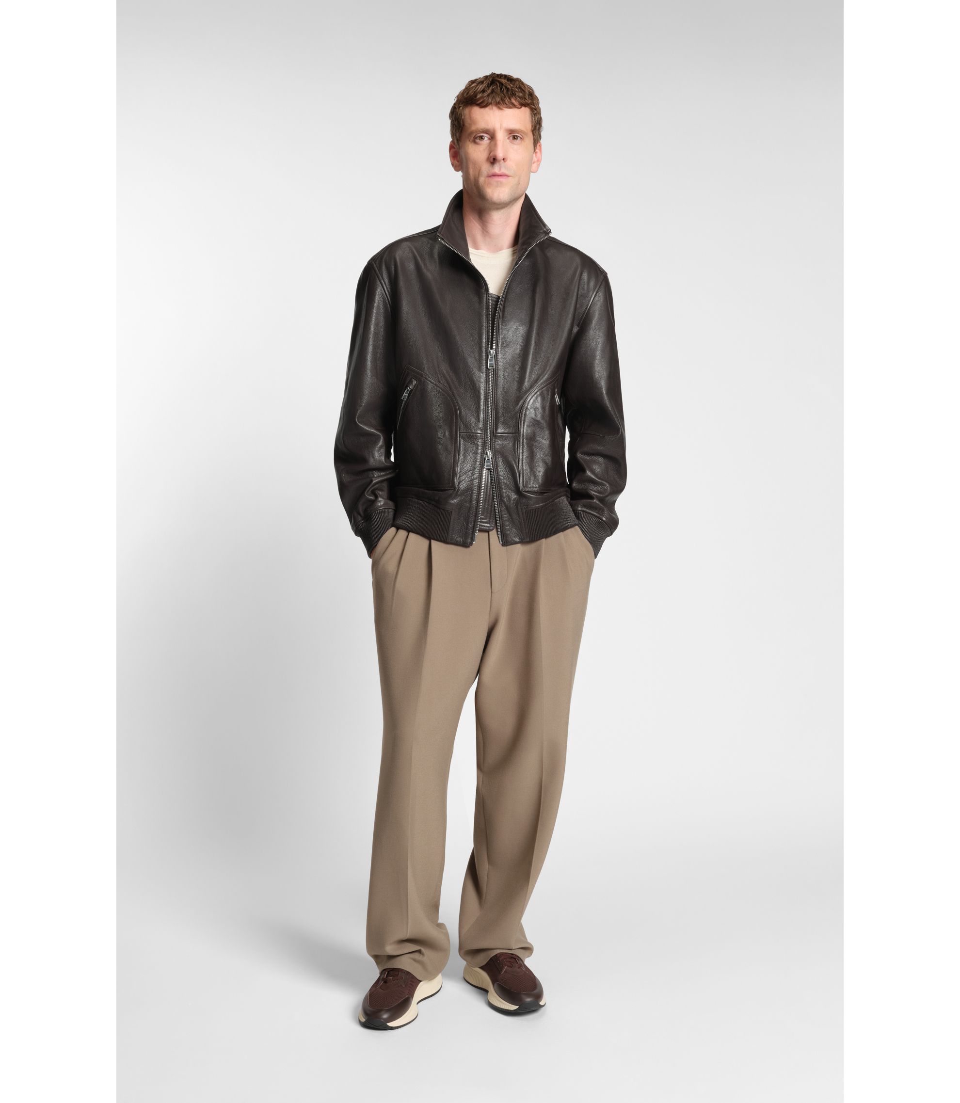 BOSS - Nappa-leather jacket with two-way zip - Dark Brown