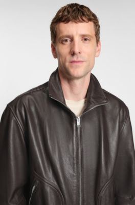 Veste en cuir nappa avec fermeture &eacute;clair &agrave; double curseur, Marron fonc&eacute;