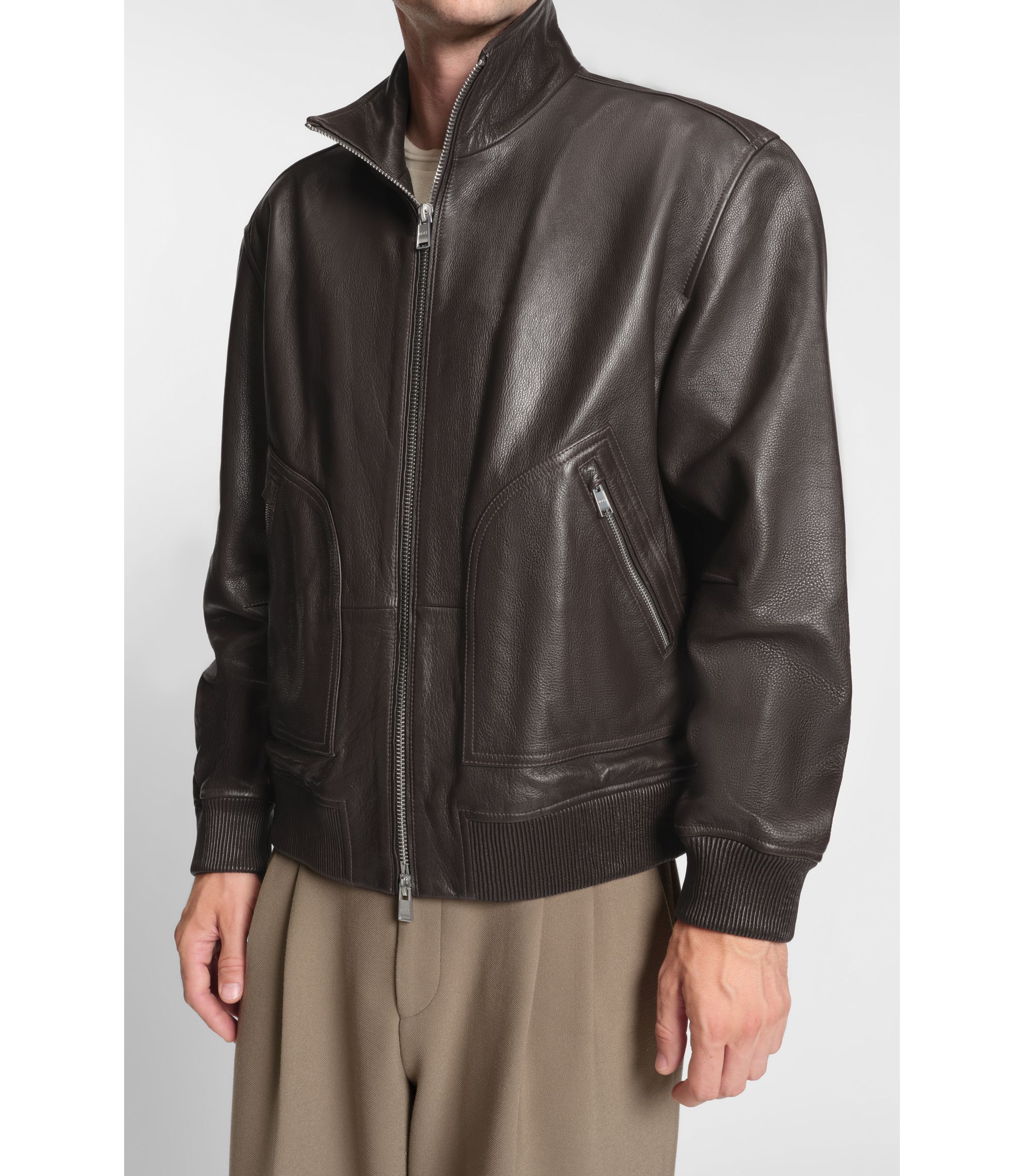 BOSS - Nappa-leather jacket with two-way zip - Dark Brown