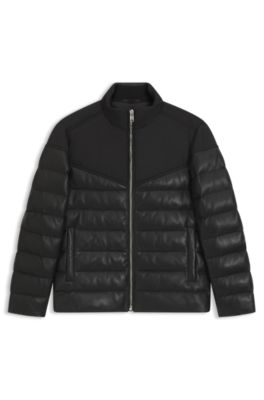 Chaqueta acolchada con apliques de piel, Negro