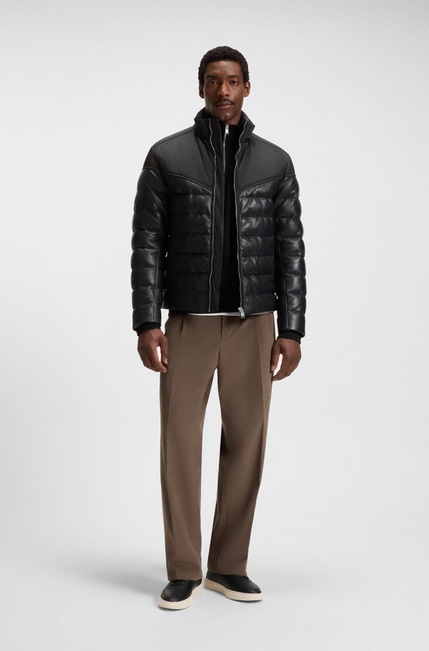 BOSS - Leather-trim jacket with padding - Black