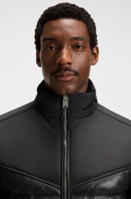 Chaqueta acolchada con apliques de piel, Negro