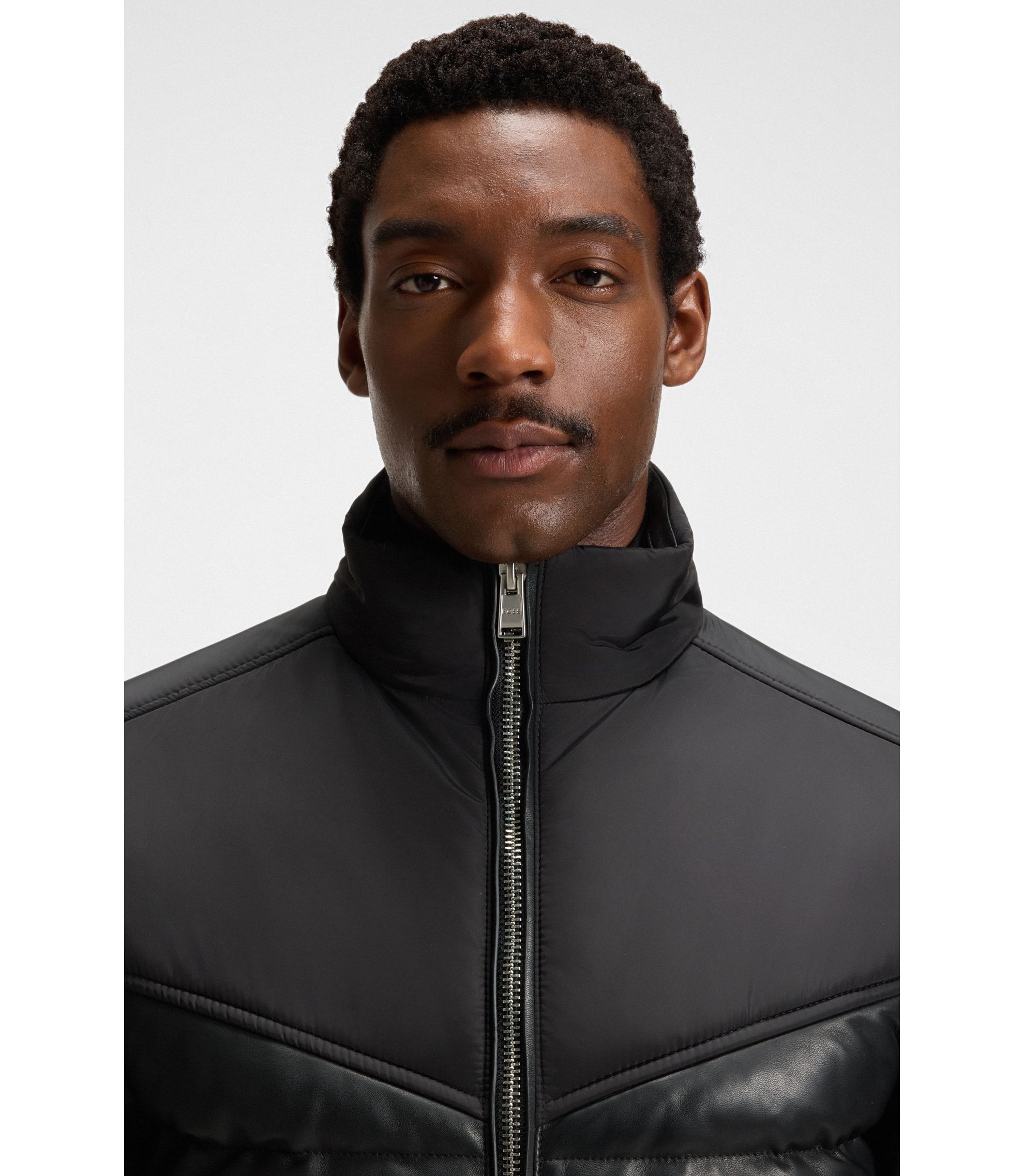 BOSS - Leather-trim jacket with padding - Black