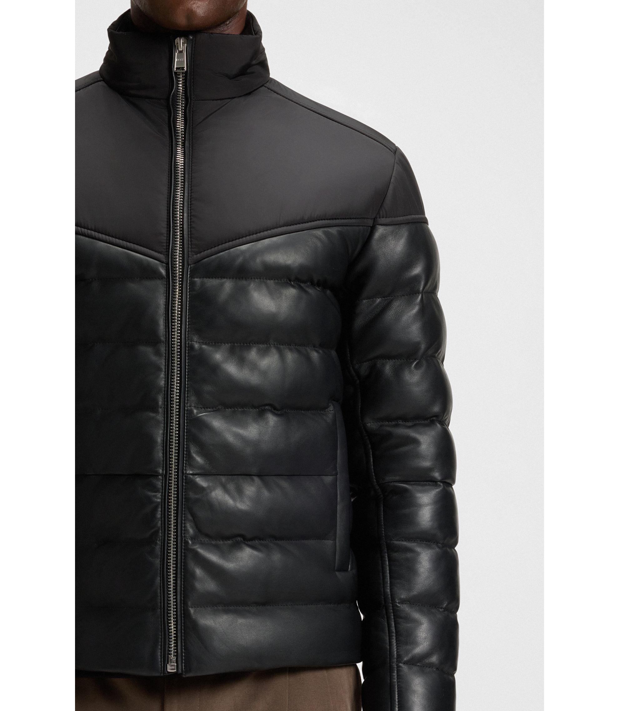 BOSS - Leather-trim jacket with padding - Black