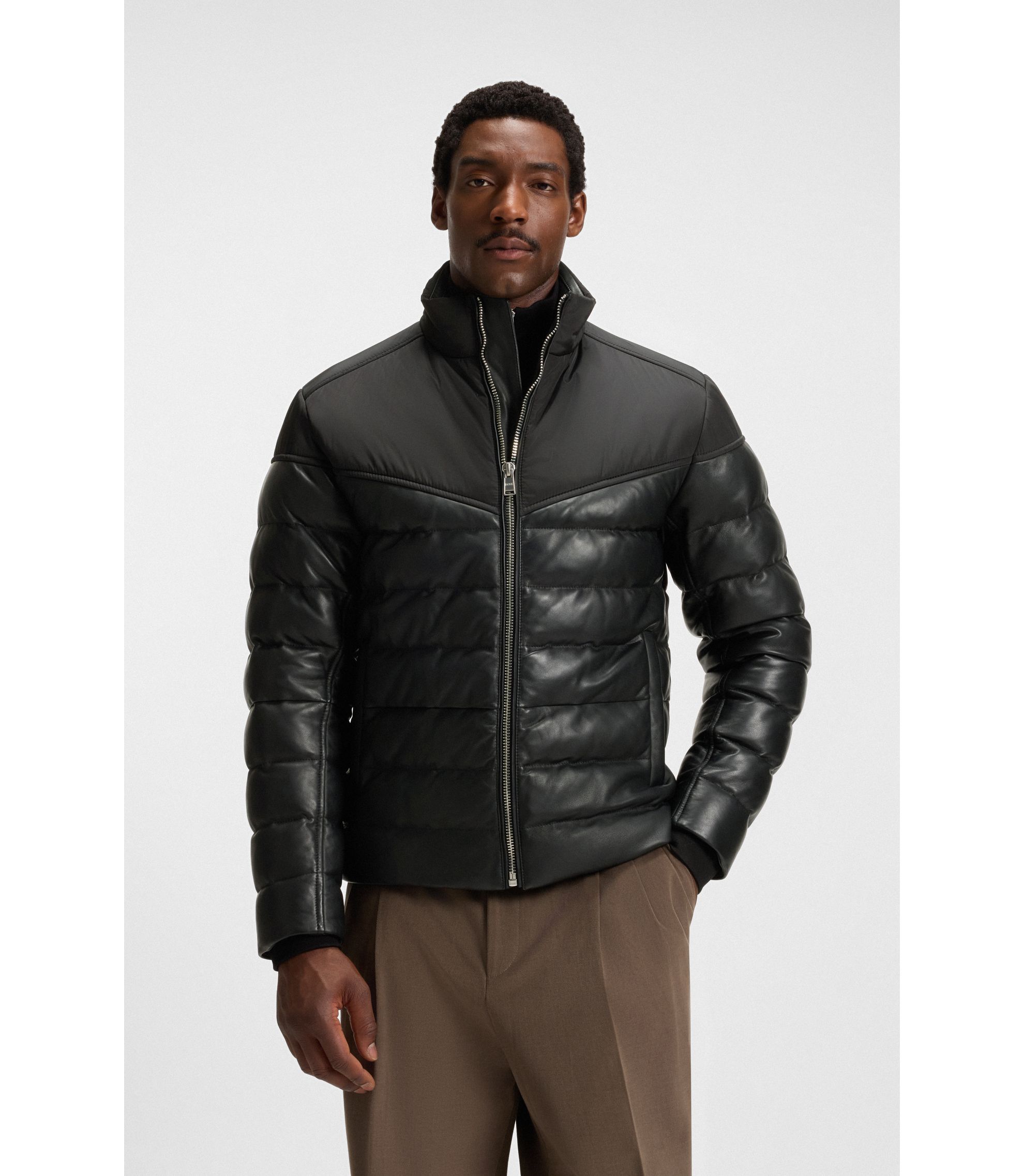 BOSS - Leather-trim jacket with padding - Black