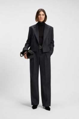 Melange straight-leg trousers in stretch flannel, Dark Blue