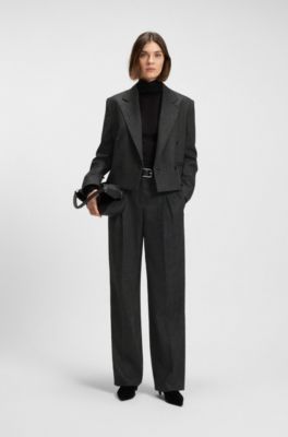 Melange-flannel blazer with cropped length, Dark Blue