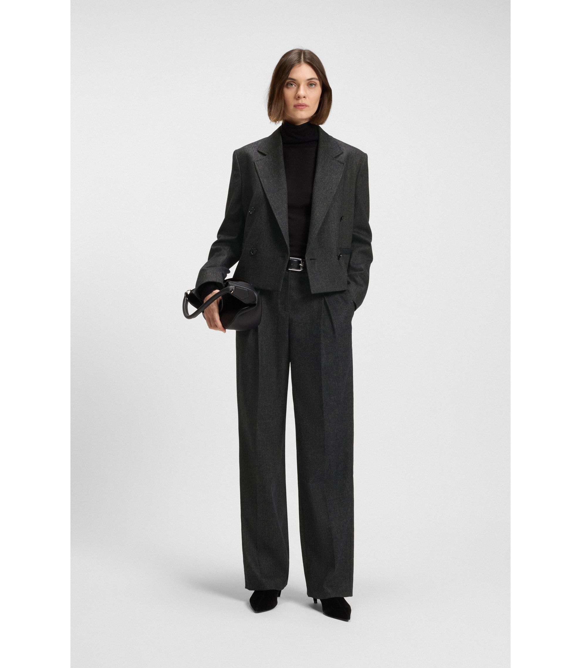 BOSS - Melange-flannel blazer with cropped length - Dark Blue