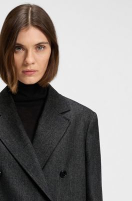 Melange-flannel blazer with cropped length, Dark Blue