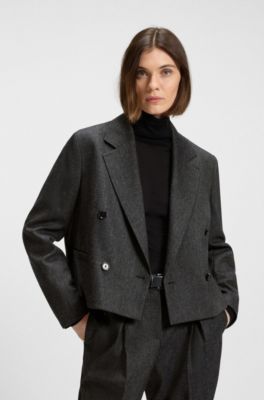 Melange-flannel blazer with cropped length, Dark Blue