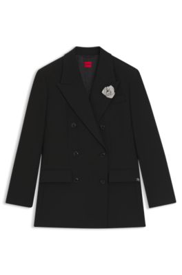 Oversized-fit blazer with rhinestone lapel brooch, Black