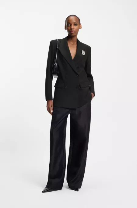 Oversized-fit blazer with rhinestone lapel brooch