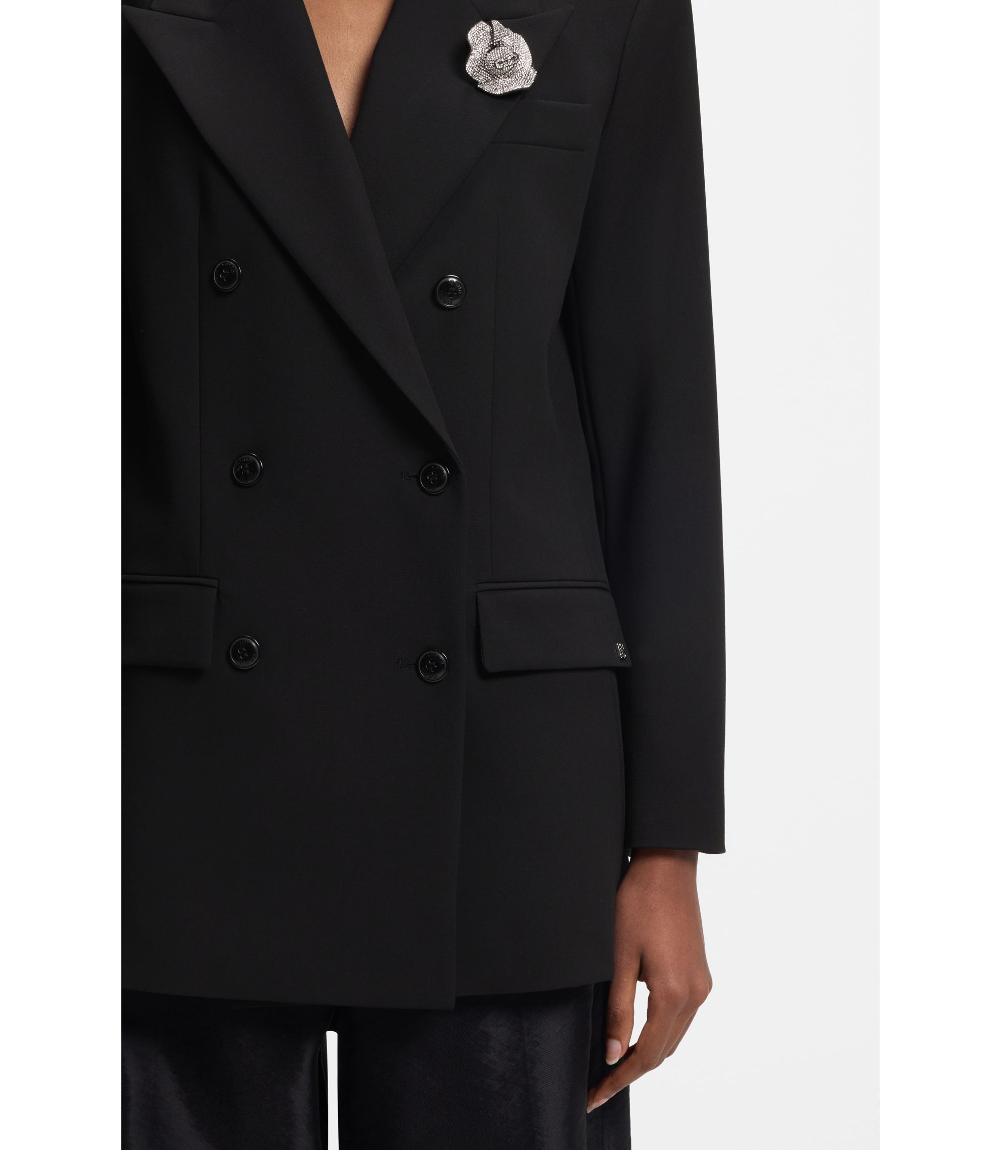 HUGO - Oversized-fit blazer with rhinestone lapel brooch - Black