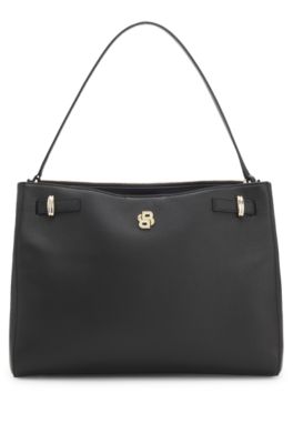Leather tote bag with Double B monogram, Black