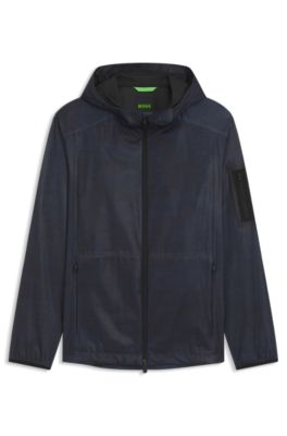 Parka deportiva con capucha y estampado integral, Azul oscuro