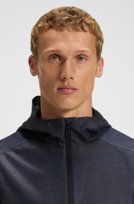 Parka deportiva con capucha y estampado integral, Azul oscuro