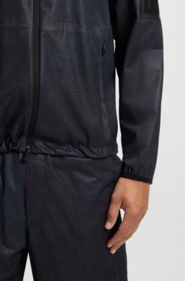 Parka deportiva con capucha y estampado integral, Azul oscuro