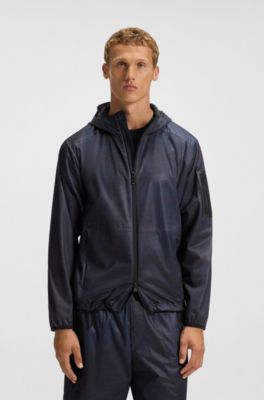 Parka deportiva con capucha y estampado integral, Azul oscuro