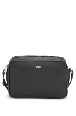 Sac port&eacute; crois&eacute; en cuir grain&eacute; avec logo, Noir