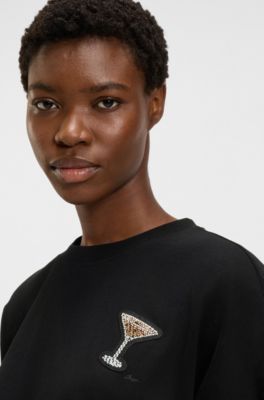 T-shirt Oversize en coton avec motif artistique &agrave; strass, Noir